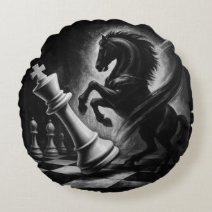 Dramatic Black Horse vs. King – Bold Chess Artwork Round Pillow