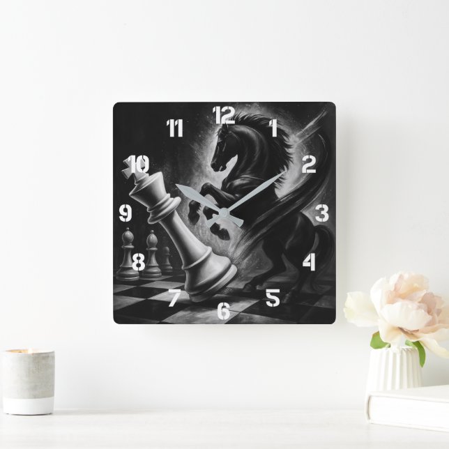 Dramatic Black Horse vs. King – Bold Chess Artwork Square Wall Clock (Home)