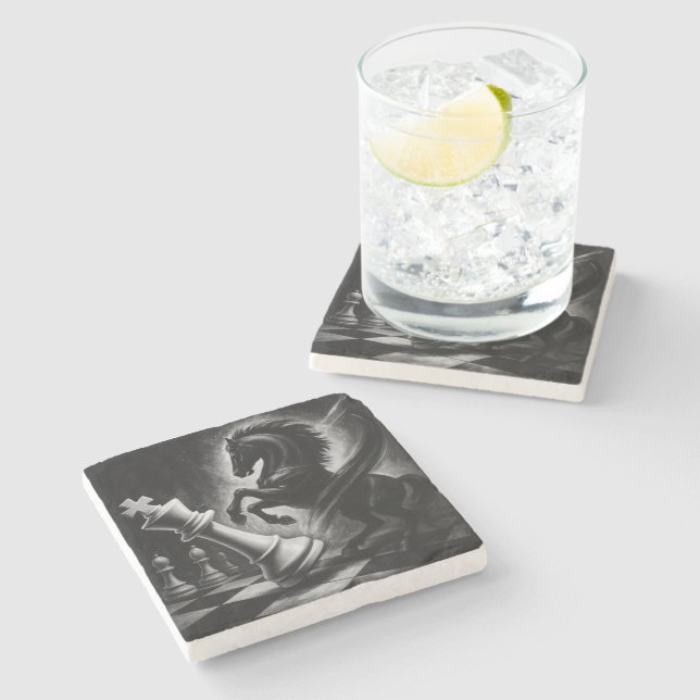 Dramatic Black Horse vs. King – Bold Chess Artwork Stone Coaster (Side)