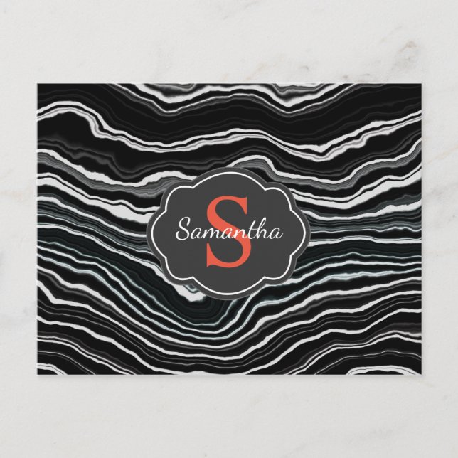 Dramatic Black Marble Watercolor Texture Monogram Postcard (Front)