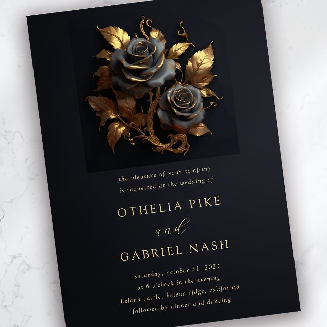 Dramatic Black Roses Gold Foil Gothic Wedding Invitation (Creator Uploaded)