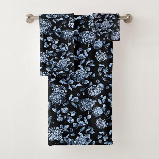 Dramatic Black Silver Blue Floral Bath Towel Set (Insitu)