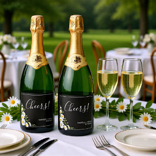Dramatic Black & White Daisies Wedding  Sparkling Wine Label