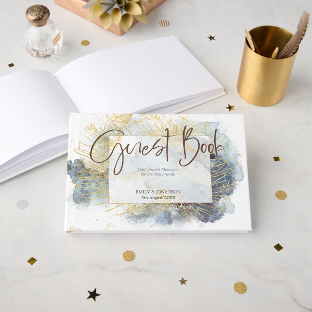 Dramatic Blue Ombre Watercolor Gold Lines Wedding Guest Book (Front Open)