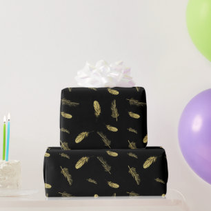 Dramatic Boho Golden Feathers Black   Wrapping Paper