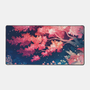 Dramatic Cherry Blossom Midnight Sky Coral Pink Desk Mat