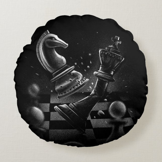 Dramatic Chess Battle – Knight vs. Horse  Round Pillow (Front)