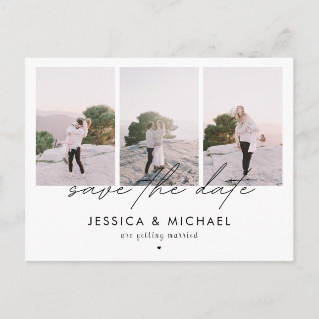 Dramatic Chic Script 3 Photo Collage Save The Date Postcard (Front)