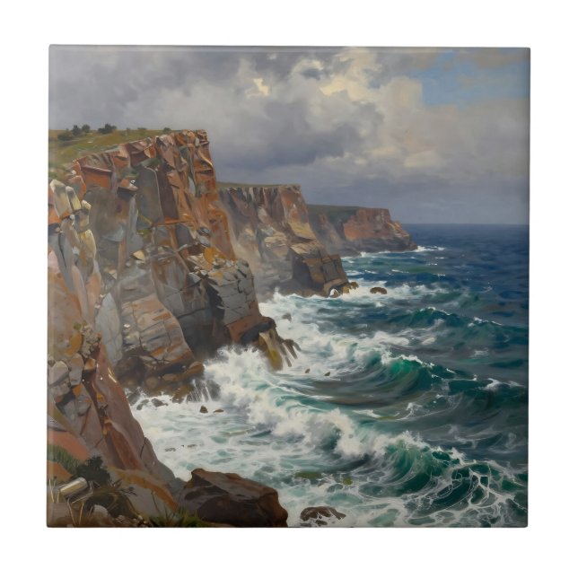 Dramatic Coastal Cliffs Crashing Waves Seascape Tile (Front)