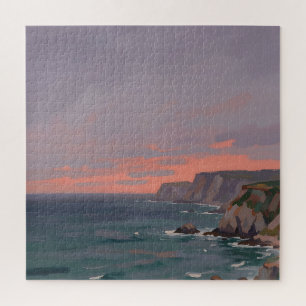 Dramatic Coastal Cliffs Pink Sunset Ocean Jigsaw Puzzle