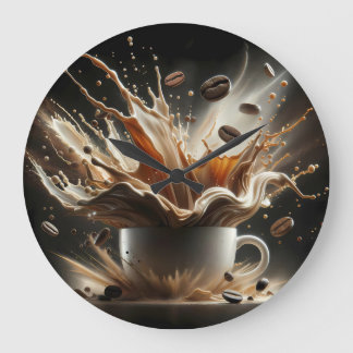 Dramatic Coffee Splash with Floating Coffee Beans Large Clock