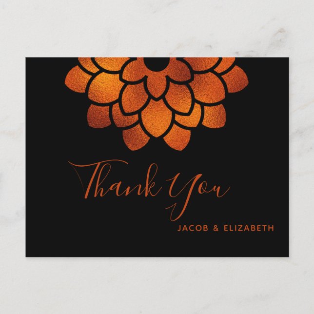 Dramatic Copper Flower on Black Thank You Postcard (Front)