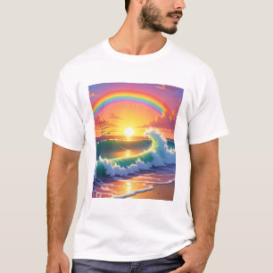 Dramatic Crimson Sunset Ocean Wave Rainbow Art T-Shirt