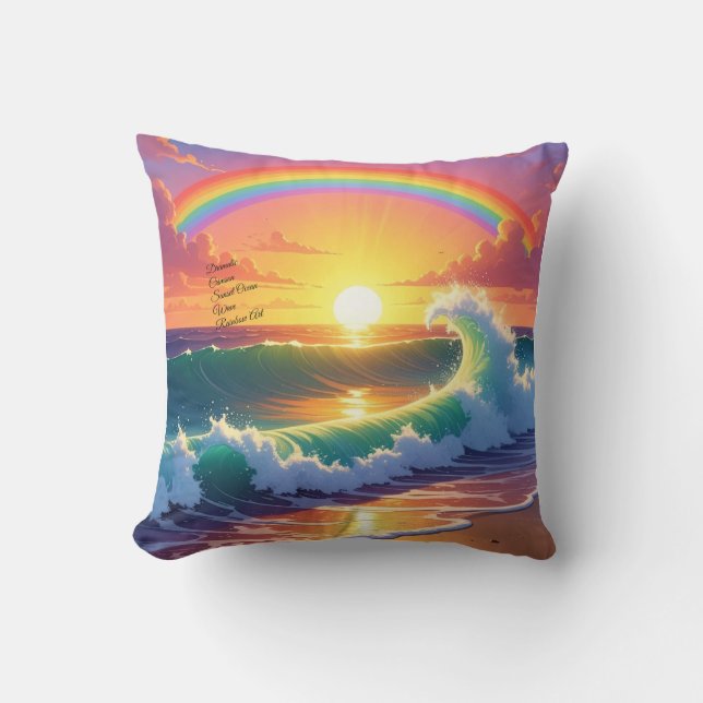 Dramatic Crimson Sunset Ocean Wave Rainbow Art Throw Pillow (Front)