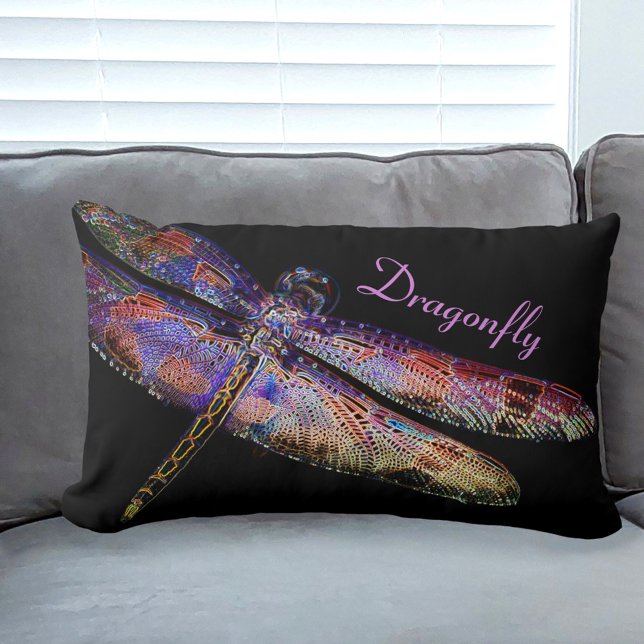 Dramatic Dragonfly in Magical Multi Colours Lumbar Pillow (Creator Uploaded)