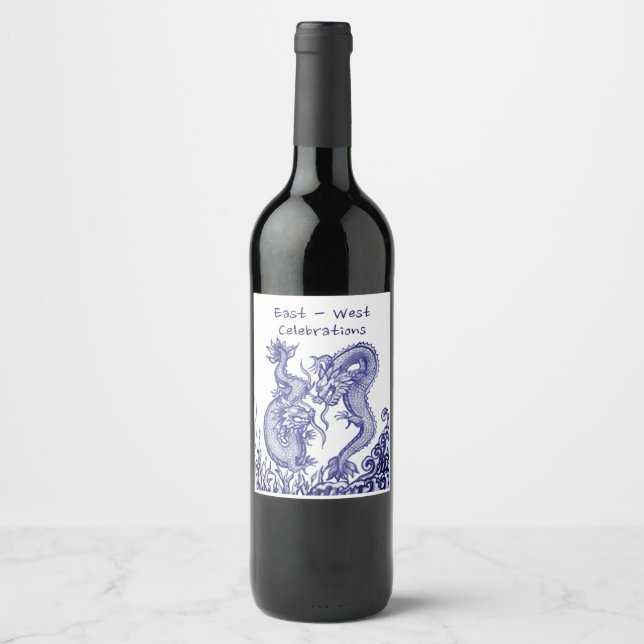Dramatic Dragons  Blue White Water Fire Oriental Wine Label (Front)