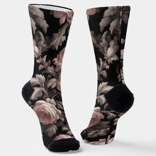 Dramatic Dusty Rose and Black Toile Crew Socks (Angled)