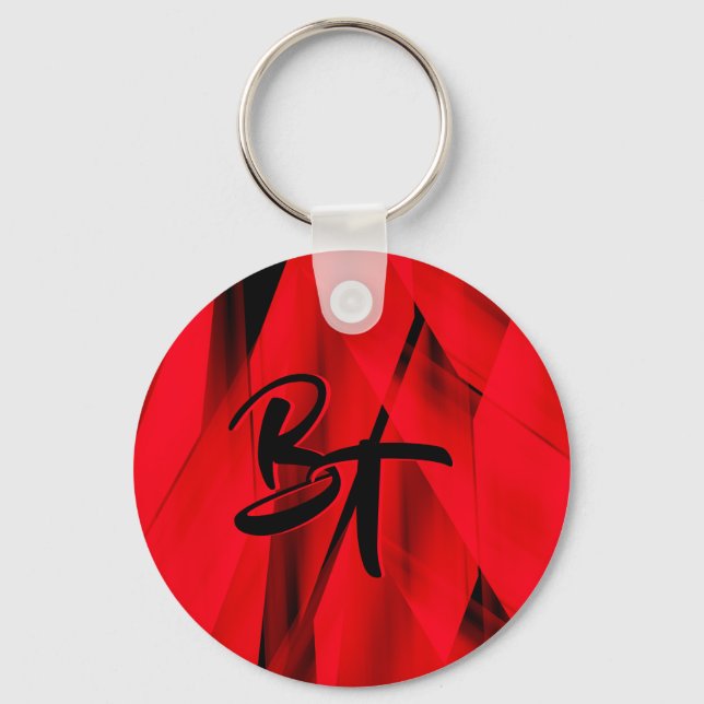 Dramatic Elegant Red Black Abstract Monogrammed Keychain (Front)