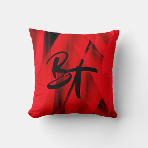 Dramatic Elegant Red Black Abstract Monogrammed Throw Pillow