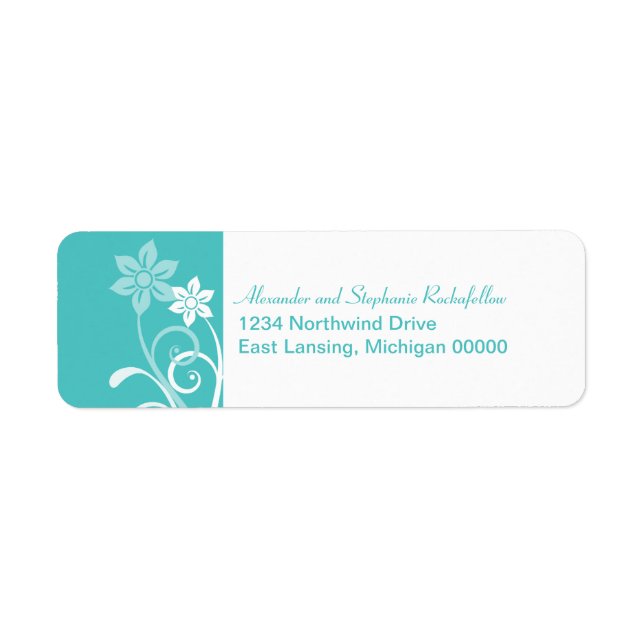 Dramatic Floral Swirls Return Address Labels, Aqua (Front)