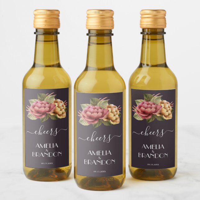 Dramatic Floral Wedding Mini Wine Label (Bottles)