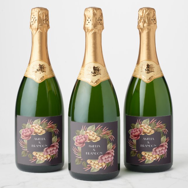 Dramatic Floral Wedding  Sparkling Wine Label (Bottles)