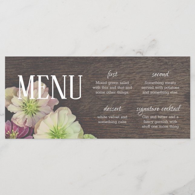 DRAMATIC Garden Hellebore Wood and White Menu Card (Front)