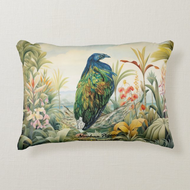 Dramatic Hand-Painted Nicobar Pigeon Accent Pillow (Front)