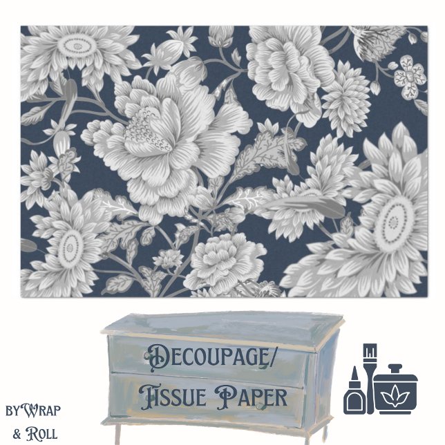 Dramatic Large Florals Dusty Grey on Deep Navy Tissue Paper (Creator Uploaded)