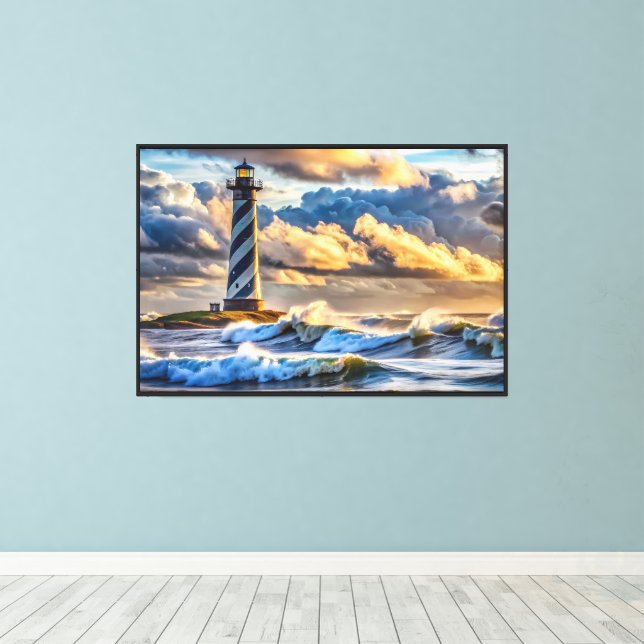 Dramatic Lighthouse Seascape with Stormy Waves Canvas Print (Insitu(Wood Floor))