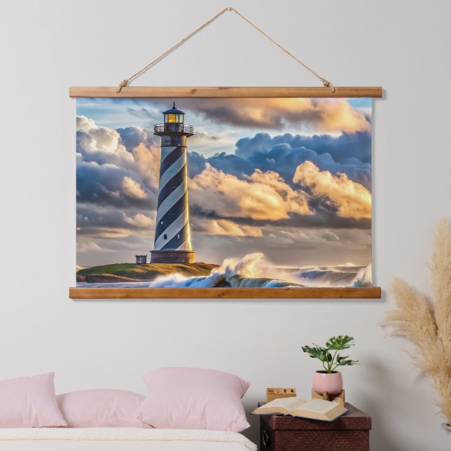 Dramatic Lighthouse Seascape with Stormy Waves Hanging Tapestry (Bedroom)