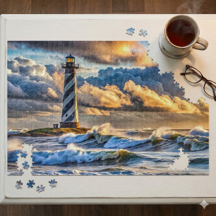 Dramatic Lighthouse Seascape with Stormy Waves Jigsaw Puzzle