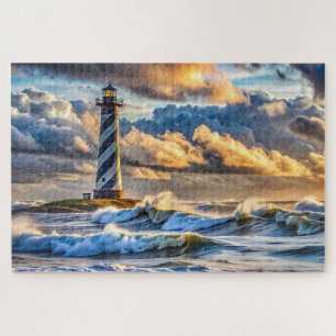 Dramatic Lighthouse Seascape with Stormy Waves Jigsaw Puzzle