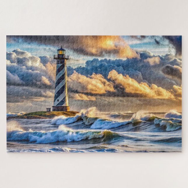Dramatic Lighthouse Seascape with Stormy Waves Jigsaw Puzzle (Horizontal)