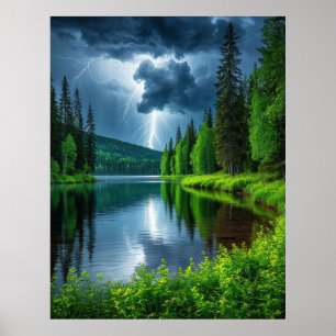 Dramatic Lightning Strikes Over a Serene Forest Poster