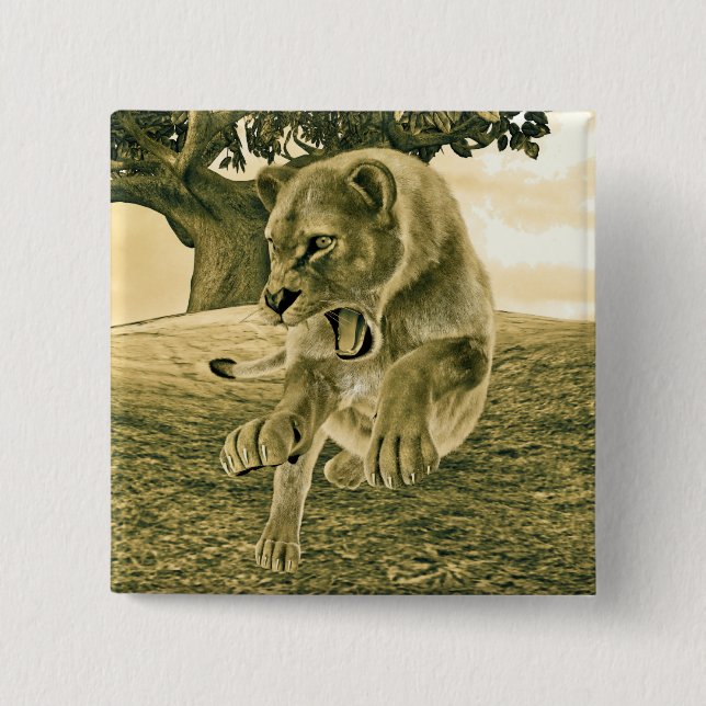 Dramatic Lioness Safari Wildlife Art 2 Inch Square Button (Front)