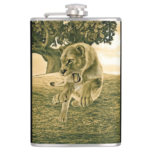 Dramatic Lioness Safari Wildlife Art Hip Flask (Front)