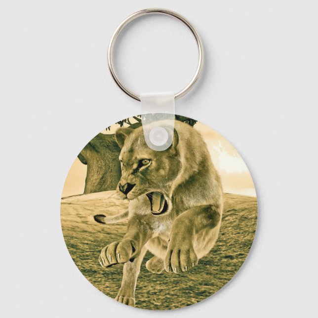 Dramatic Lioness Safari Wildlife Art Keychain (Front)