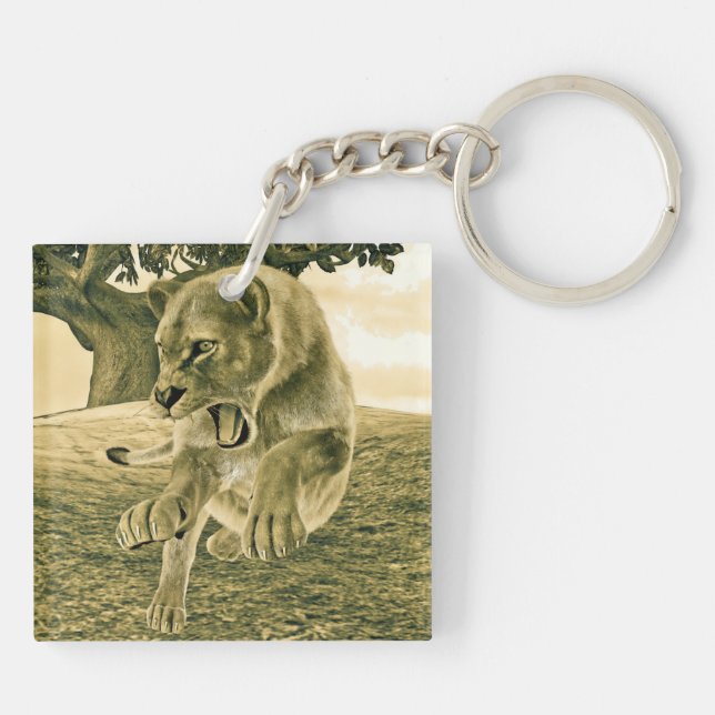Dramatic Lioness Safari Wildlife Art Keychain (Back)