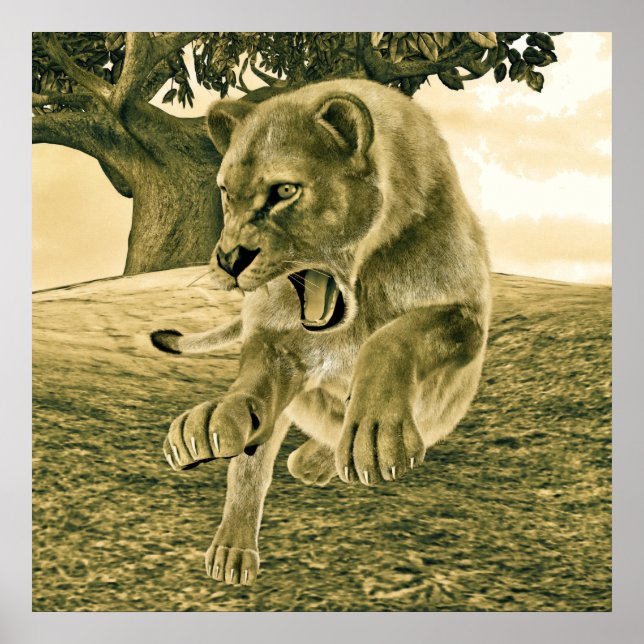 Dramatic Lioness Safari Wildlife Art Poster (Front)