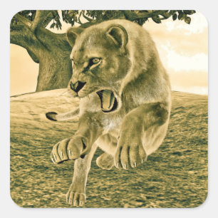 Dramatic Lioness Safari Wildlife Art Square Sticker