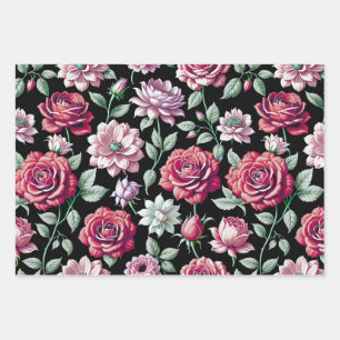 Dramatic Magenta and Pink Roses Dark Floral Wrapping Paper Sheet