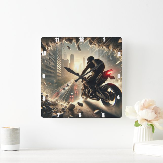 Dramatic Motorbike Escape Through City Debris Square Wall Clock (Home)
