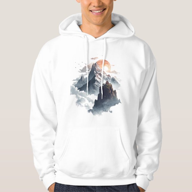 Dramatic Mountain Landscape with Clouds & Sun Rays Hoodie (Front)