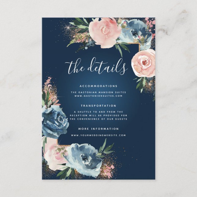 Dramatic Navy Blue and Blush Floral Boho Glitter Enclosure Card (Front)