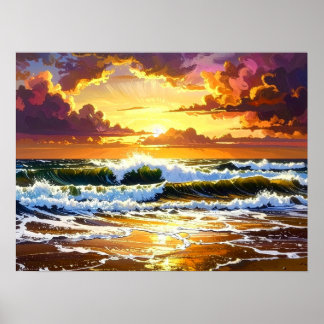 Dramatic Ocean Waves on the Beach Sunset Art Poster