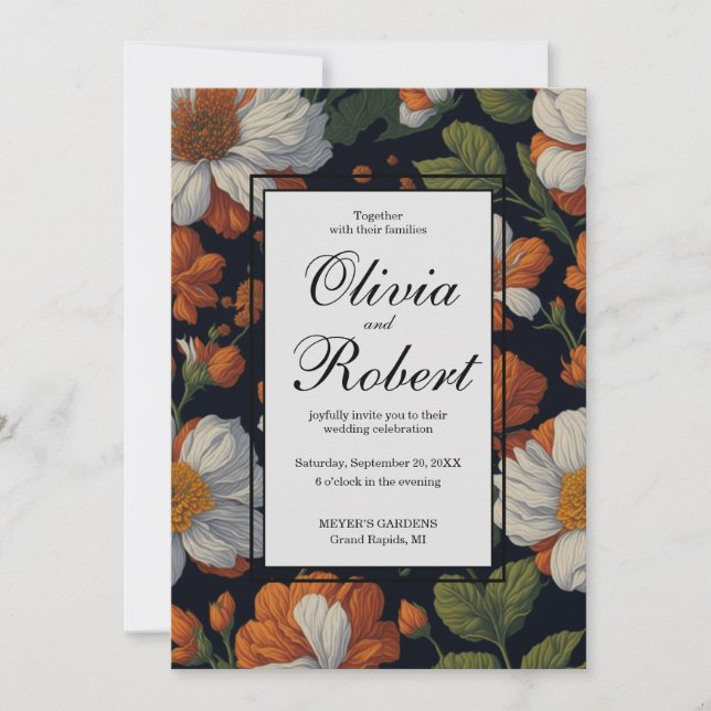 Dramatic Orange white elegant retro flowers Invitation (Front)