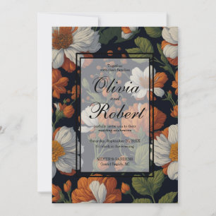 Dramatic Orange white elegant retro flowers Invitation
