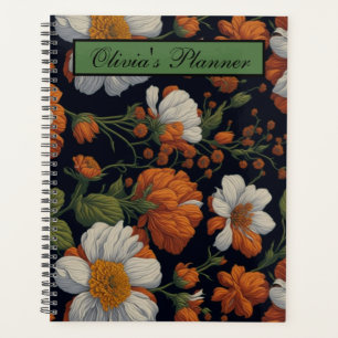 Dramatic Orange white elegant retro flowers Planner