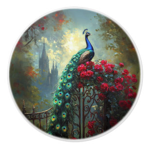 Dramatic Peacock Red Roses Gothic Ceramic Knob